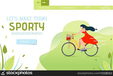 Lets Make Today Sporty Lettering Landing Page. Cartoon Woman Character Cycling in Park. Healthy Lifestyle. Womens Fitness. Vector Sport Cardio Workout or Active Recreation Flat Illustration. Lets Make Today Sporty Lettering Landing Page