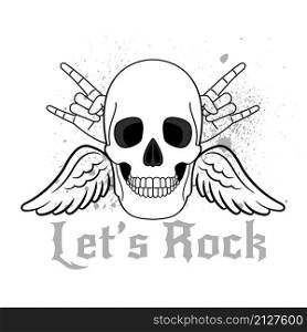 Lets rock logo. Cartoon sticker of cool skull, poster element of musical festivals, vector illustration tattoo for musicians of metal music isolated on white background. Lets rock logo
