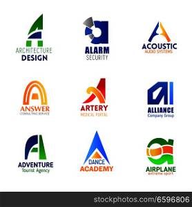 Letter A icons for company corporate identity in architecture design, alarm security and audio system technology. Vector letter A symbols for consulting, medical service or sport and dance academy. Company and business letter A icons