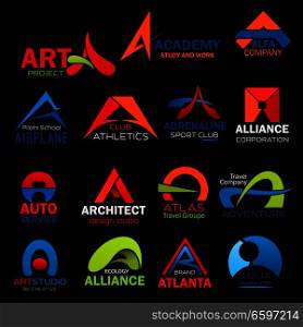 Letter A icons set for art or architect design studio and construction company design. Vector abstract geometric symbols of letter A for travel agency and car service company. Letter A vector icon for art studio