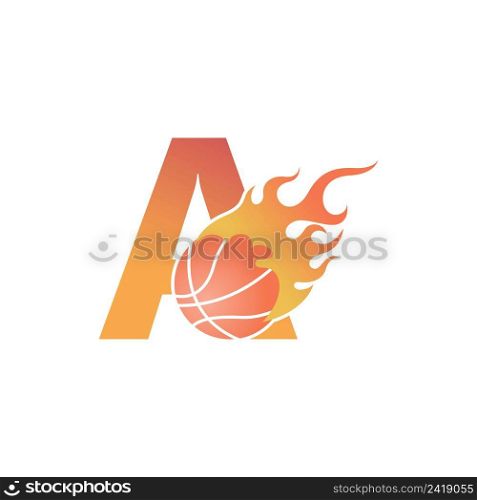 Letter A with basketball ball on fire illustration vector