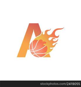 Letter A with basketball ball on fire illustration vector