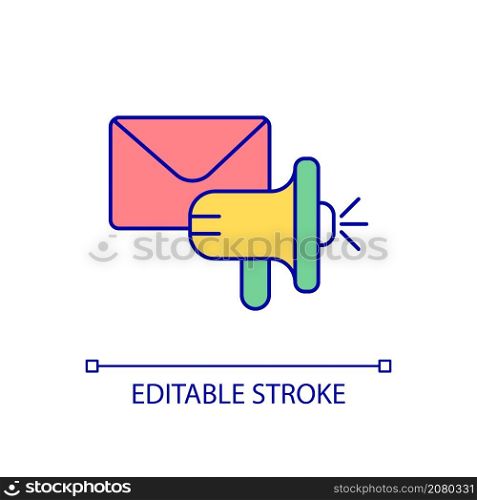 Letter and megaphone RGB color icon. Promotional mailing. Commercial advertising. Product announcement. Isolated vector illustration. Simple filled line drawing. Editable stroke. Arial font used. Letter and megaphone RGB color icon