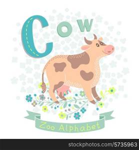Letter C - Cow. Alphabet with cute animals. Vector illustration.