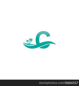 Letter C logo  coconut tree and water wave icon design vector