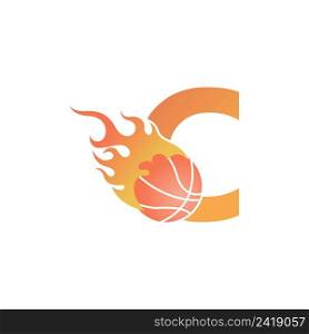Letter C with basketball ball on fire illustration vector