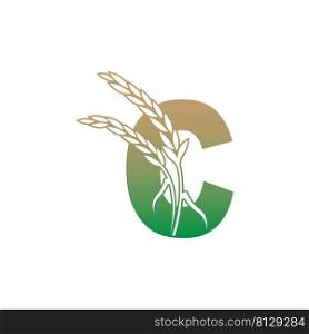 Letter C with rice plant icon illustration template vector