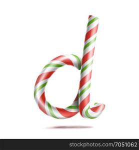 Letter D Vector. 3D Realistic Candy Cane Alphabet Symbol In Christmas Colours. New Year Letter Textured With Red, White. Typography Template. Striped Craft Isolated Object. Xmas Art Illustration. Letter D Vector. 3D Realistic Candy Cane Alphabet Symbol In Christmas Colours. New Year Letter Textured With Red, White. Typography Template. Striped Craft Isolated Object. Xmas Art