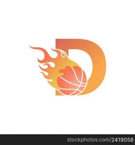 Letter D with basketball ball on fire illustration vector