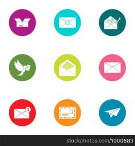 Letter delivery icons set. Flat set of 9 letter delivery vector icons for web isolated on white background. Letter delivery icons set, flat style
