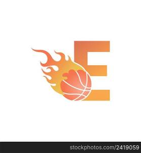 Letter E with basketball ball on fire illustration vector