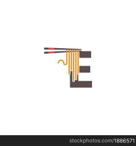 Letter E with chopsticks and noodle icon logo design template