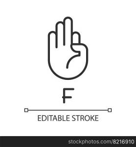 Letter F in American sign language pixel perfect linear icon. Nonverbal communication. Thin line illustration. Contour symbol. Vector outline drawing. Editable stroke. Arial font used. Letter F in American sign language pixel perfect linear icon