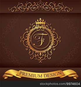 Letter F. Luxury Logo template flourishes calligraphic elegant ornament lines. Business sign, identity for Restaurant, Royalty, Boutique, Hotel, Heraldic, Jewelry, Fashion, vector illustration.. Letter F. Luxury Logo template flourishes calligraphic elegant ornament lines. Business sign, identity for Restaurant, Royalty, Boutique, Hotel, Heraldic, Jewelry, Fashion, vector illustration