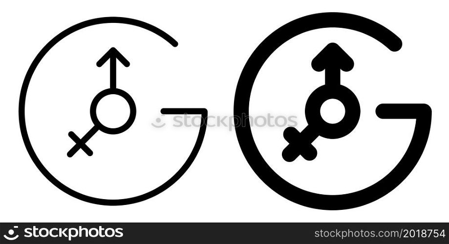 Letter G in shape of clock with Male and female gender symbols connected together. Time for strong union of man and woman. Simple black and white vector isolated on white back