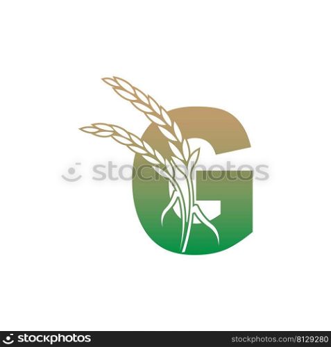 Letter G with rice plant icon illustration template vector