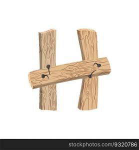 letter H wood board font. plank and nails alphabet. Lettering of boards. Country chipboard ABC