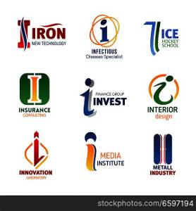 Letter I icons for business, technology and investment company or banking industry. Vector innovation symbols of letter I for for fitness center or gym sport club and media agency. Letter I business vector set of icons