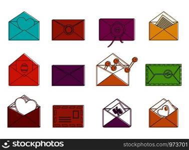 Letter icon set. Color outline set of letter vector icons for web design isolated on white background. Letter icon set, color outline style