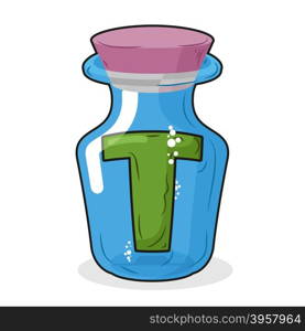 Letter in a laboratory bottle. T in magic bottle with a wooden lid. Research letters. Vector illustration&#xA;