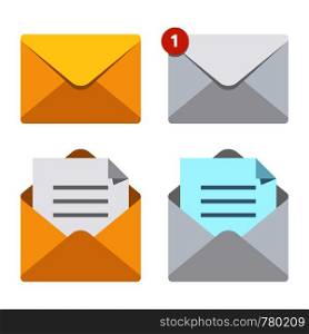 Letter in mail envelope. Mailbox notification or email message icons receiving mms closed post letter correspondence paper delivery. Open or closed letters postal envelopes vector isolated symbol set. Letter in mail envelope. Mailbox notification or email message icons. Open or closed letters postal envelopes vector set