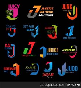 Letter J icons, business corporate identity. Vector J symbol, jazz music festival and dance school or judo sport center, fishing journey club or air academy and sewing company or jewelry technology. Corporate identity J creative color business icons