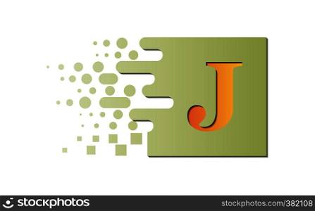 Letter J on a colored square with destroyed blocks on a white background