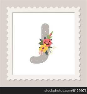 Letter J with flowers. Floral alphabet font uppercase