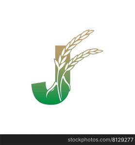 Letter J with rice plant icon illustration template vector