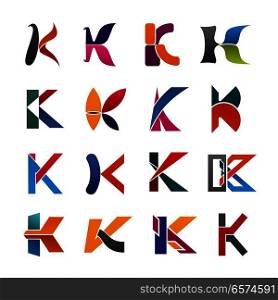 Letter K icon of abstract alphabet font for business branding design. Modern typography type of capital letter K made up of red, orange and blue geometric figure for corporate identity template. Letter K icon of abstract alphabet font design
