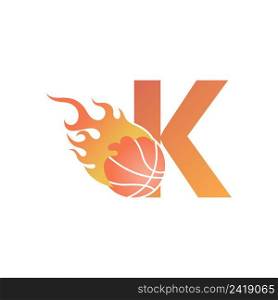Letter K with basketball ball on fire illustration vector