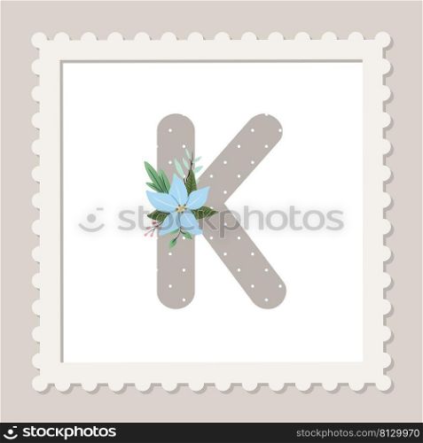 Letter K with flowers. Floral alphabet font uppercase
