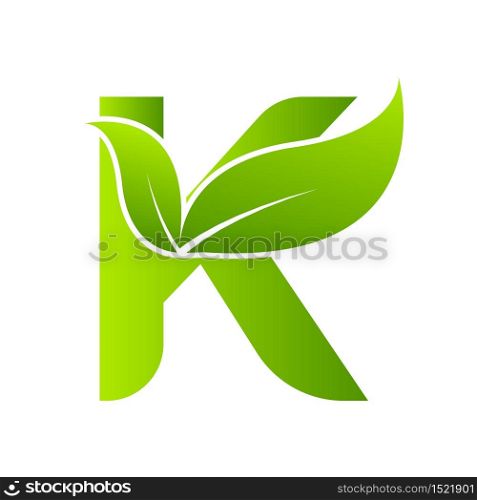 Letter k with leaf element, Ecology concept.