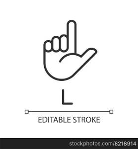 Letter L in American sign language pixel perfect linear icon. Communication system element. Thin line illustration. Contour symbol. Vector outline drawing. Editable stroke. Arial font used. Letter L in American sign language pixel perfect linear icon