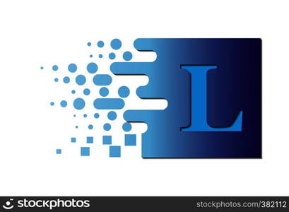 Letter L on a colored square with destroyed blocks on a white background