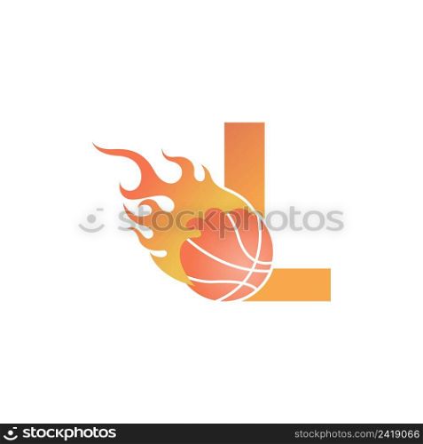 Letter L with basketball ball on fire illustration vector