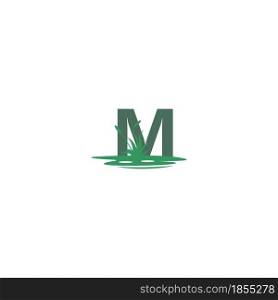 letter M behind puddles and grass template illustration