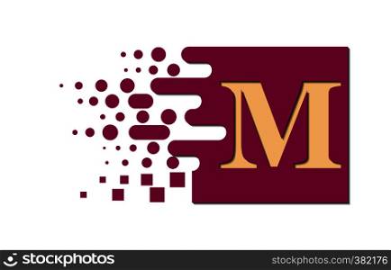 Letter M on a colored square with destroyed blocks on a white background