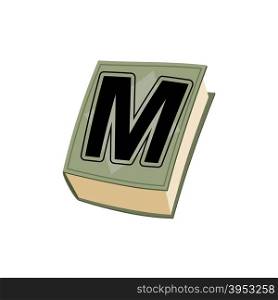 Letter M on cover of retro books. Concept of template elements alphabet&#xA;