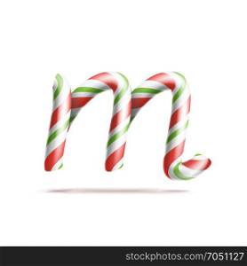 Letter M Vector. 3D Realistic Candy Cane Alphabet Symbol In Christmas Colours. New Year Letter Textured With Red, White. Typography Template. Striped Craft Isolated Object. Xmas Art Illustration. Letter M Vector. 3D Realistic Candy Cane Alphabet Symbol In Christmas Colours. New Year Letter Textured With Red, White. Typography Template. Striped Craft Isolated Object. Xmas Art