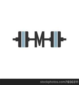 Letter M with barbell icon fitness design template vector