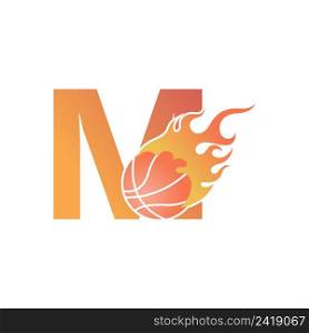 Letter M with basketball ball on fire illustration vector