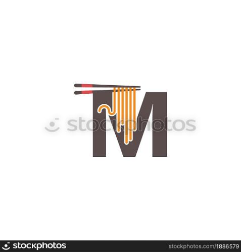 Letter M with chopsticks and noodle icon logo design template