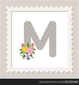 Letter M with flowers. Floral alphabet font uppercase