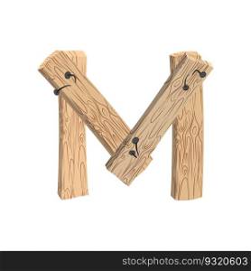 letter M wood board font. plank and nails alphabet. Lettering of boards. Country chipboard ABC