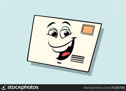 letter mail envelope cute smiley face character. Comic book cartoon pop art illustration retro vector. letter mail envelope cute smiley face character