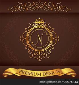 Letter N. Luxury Logo template flourishes calligraphic elegant ornament lines. Business sign, identity for Restaurant, Royalty, Boutique, Hotel, Heraldic, Jewelry, Fashion, vector illustration.. Letter N. Luxury Logo template flourishes calligraphic elegant ornament lines. Business sign, identity for Restaurant, Royalty, Boutique, Hotel, Heraldic, Jewelry, Fashion, vector illustration