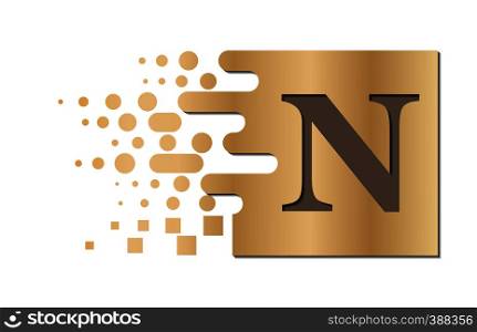 Letter N on a colored square with destroyed blocks on a white background