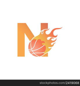 Letter N with basketball ball on fire illustration vector