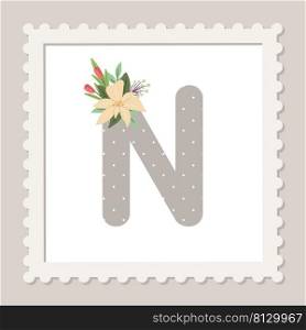 Letter N with flowers. Floral alphabet font uppercase
